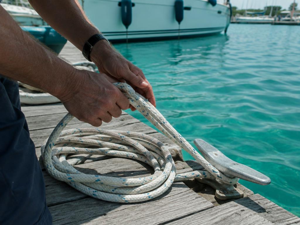 Hands coiling a dock line on a pontoon