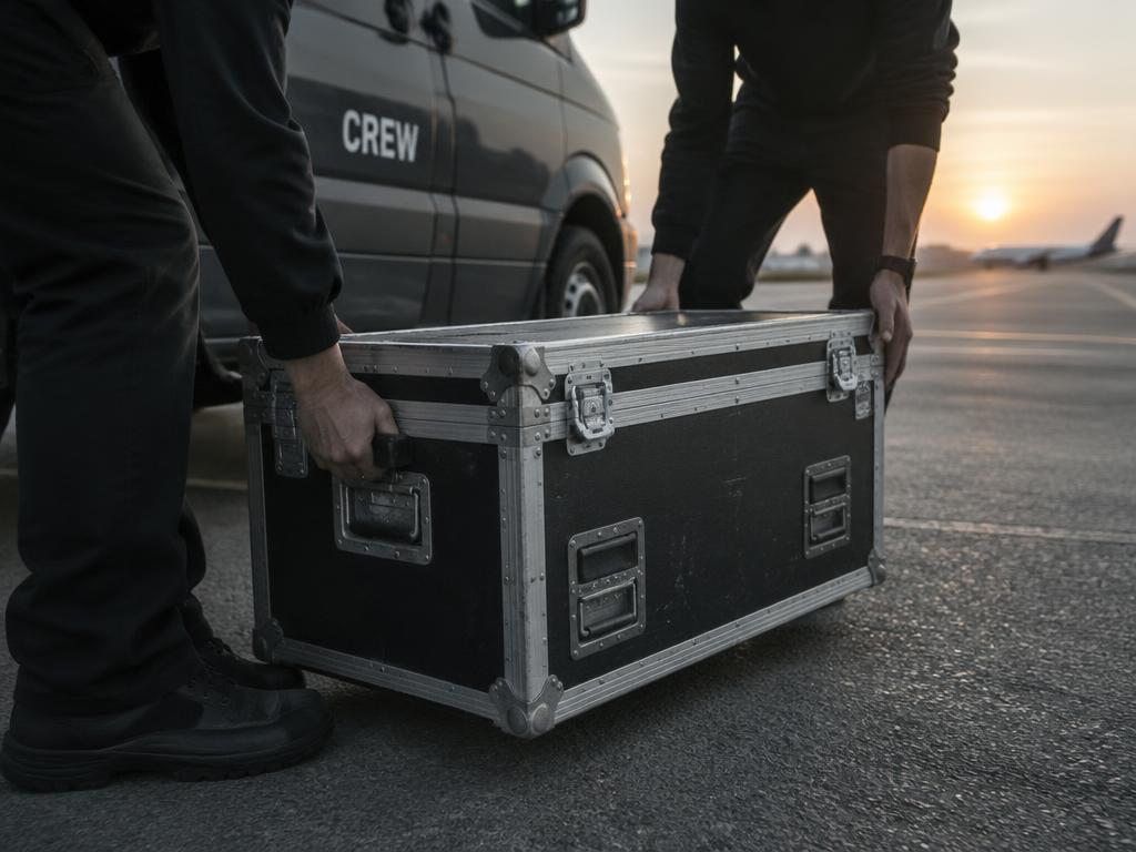 A flight case being lifted beside a crew van at dawn